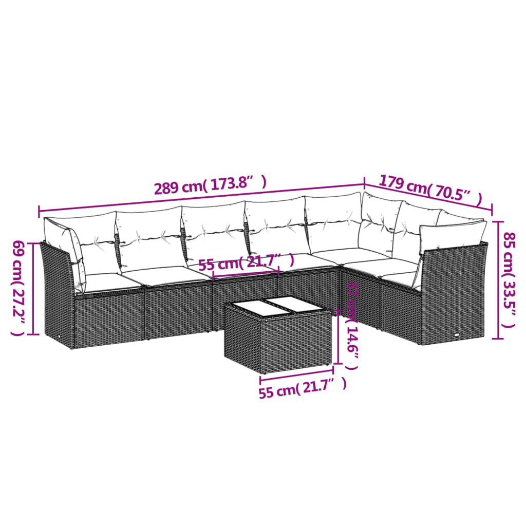 8 Pcs conjunto sofás de jardim c/ almofadões vime PE castanho