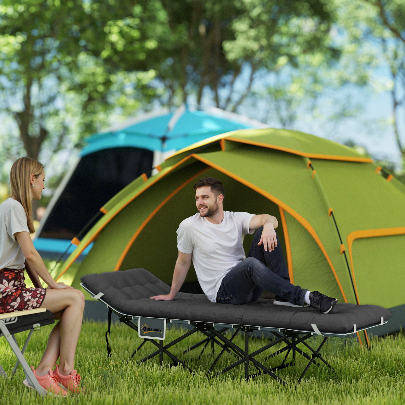 Cama dobrável de campismo com colchão removível almofada de cabeça e bolsa de transporte 186x68x37 cm preto