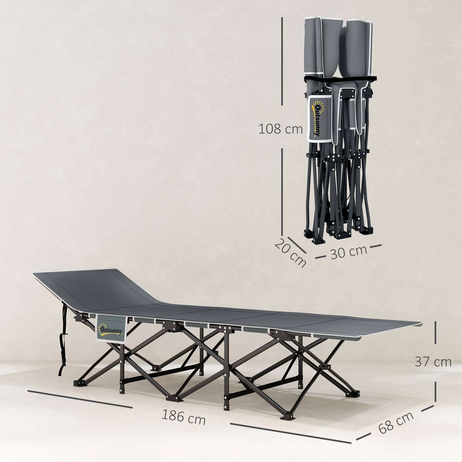 Cama dobrável de campismo com colchão removível almofada de cabeça e bolsa de transporte 186x68x37 cm preto