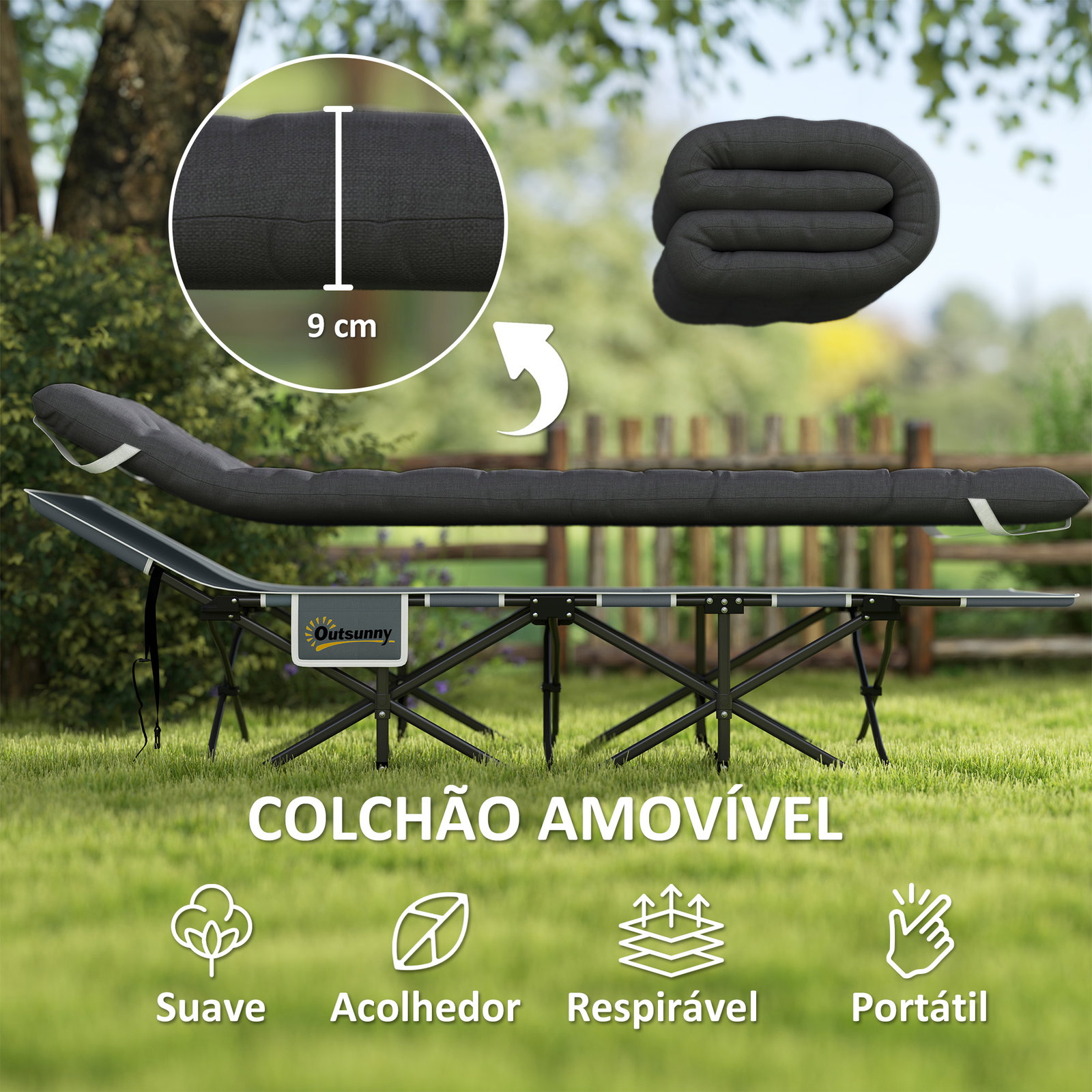 Cama dobrável de campismo com colchão removível almofada de cabeça e bolsa de transporte 186x68x37 cm preto