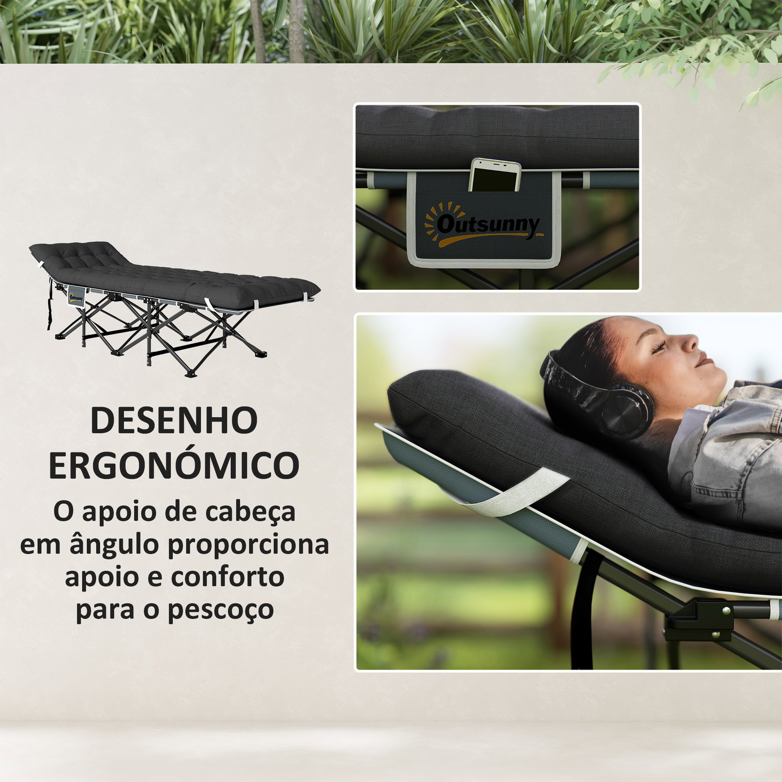 Cama dobrável de campismo com colchão removível almofada de cabeça e bolsa de transporte 186x68x37 cm preto