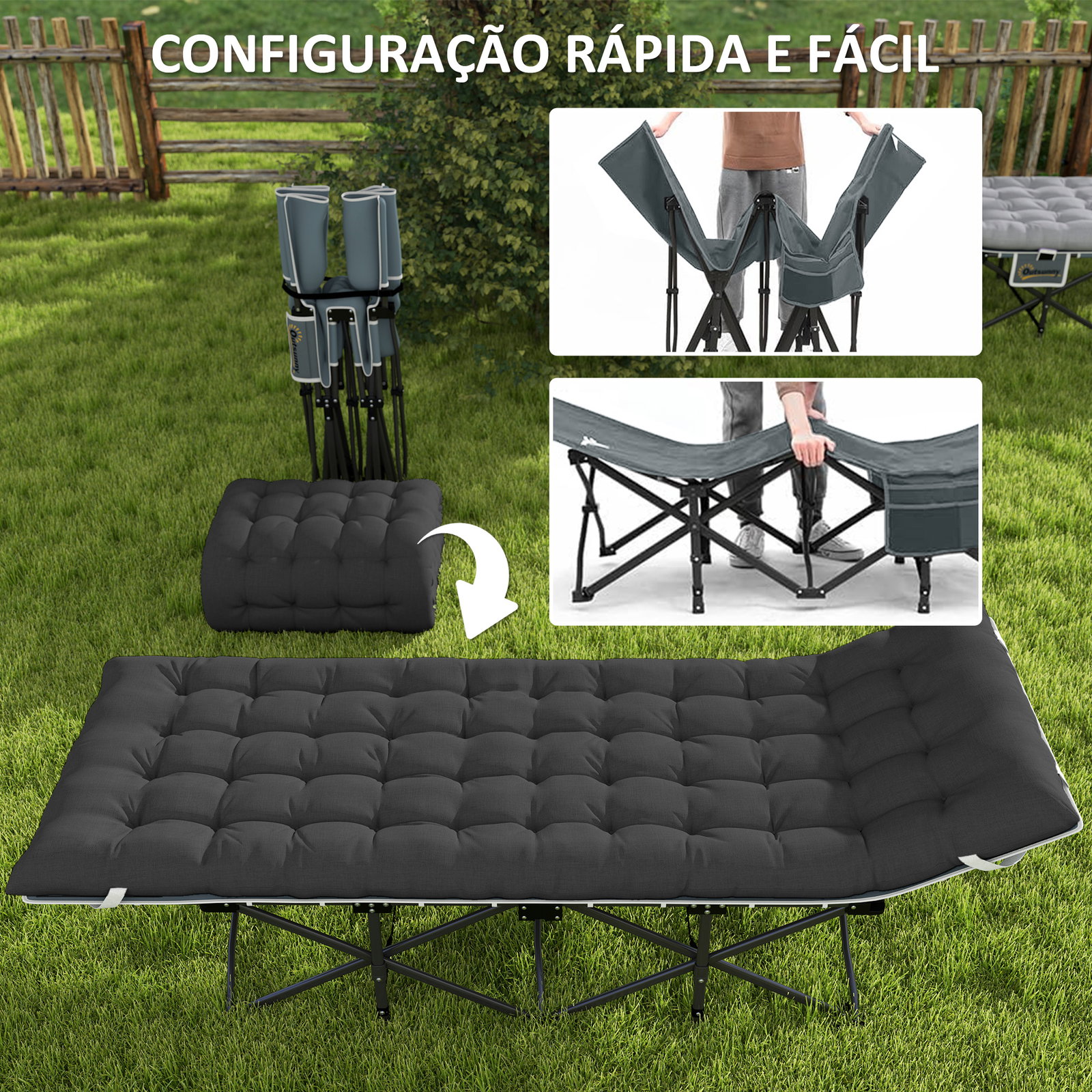 Cama dobrável de campismo com colchão removível almofada de cabeça e bolsa de transporte 186x68x37 cm preto