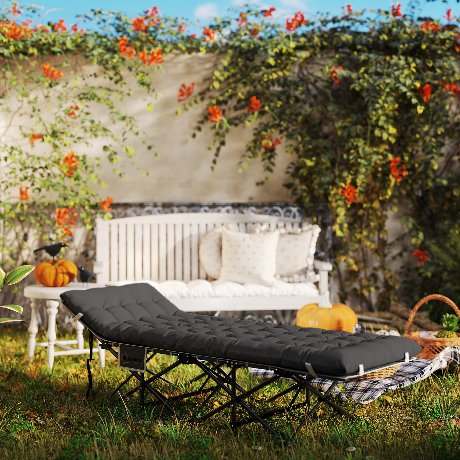 Cama dobrável de campismo com colchão removível almofada de cabeça e bolsa de transporte 186x68x37 cm preto