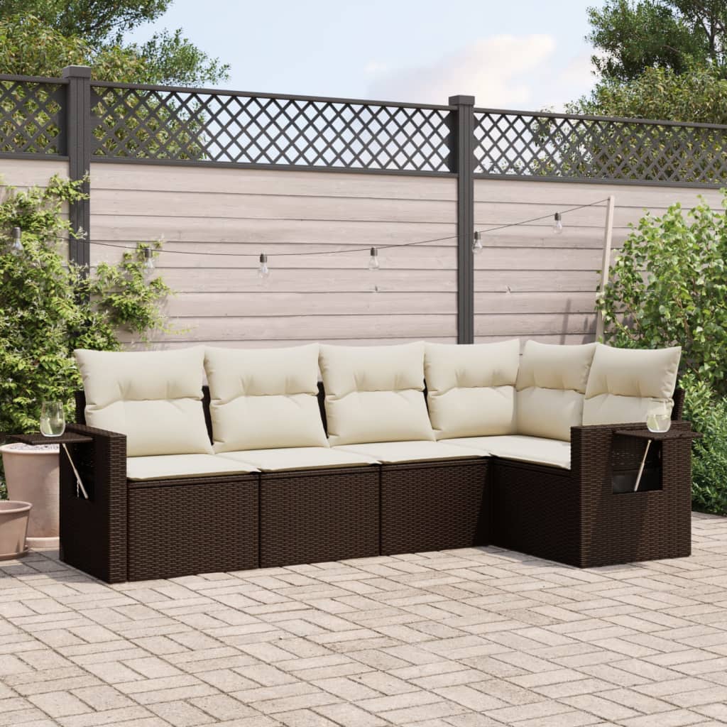5 Pcs conjunto sofás p/ jardim c/ almofadões vime PE castanho