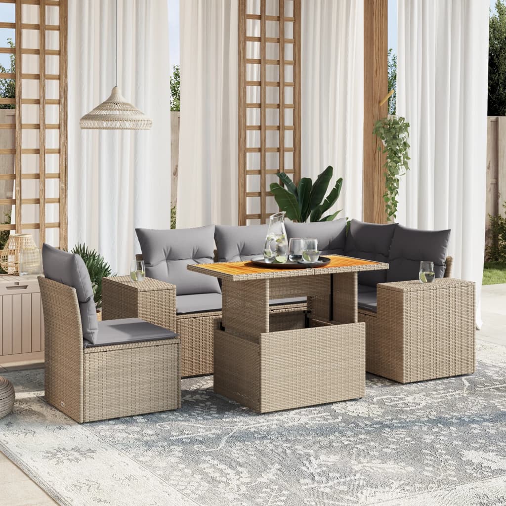 6 Pcs conjunto de sofás p/ jardim com almofadões vime PE bege