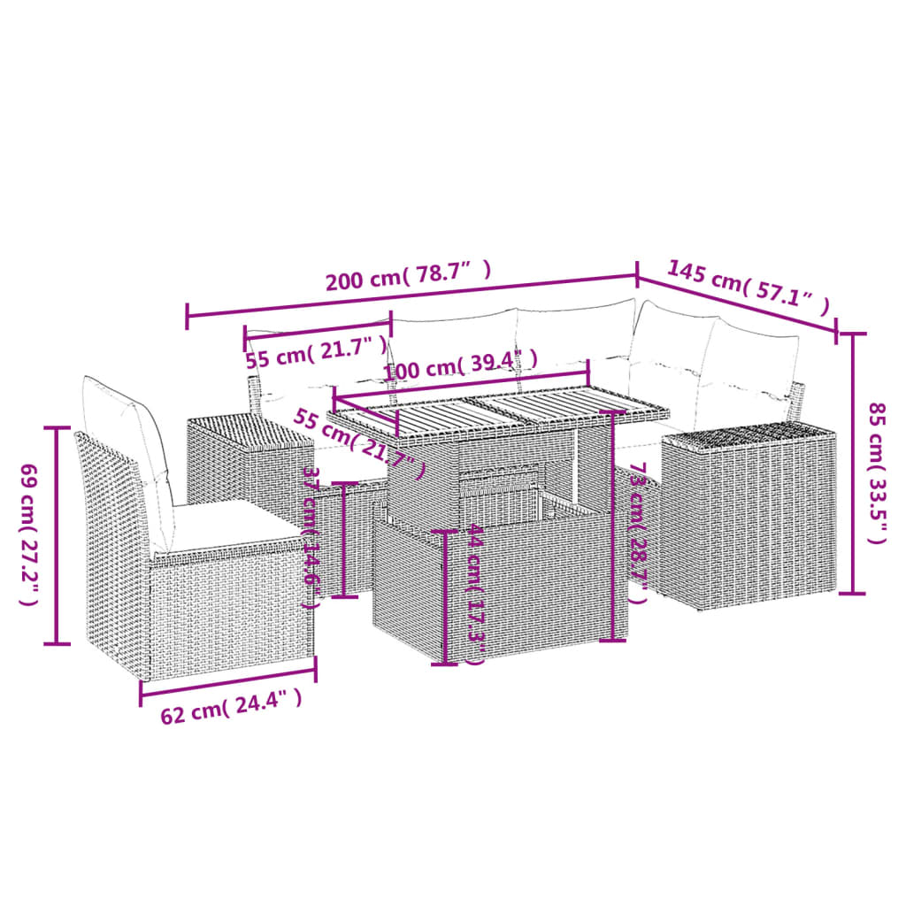 6 Pcs conjunto de sofás p/ jardim com almofadões vime PE bege