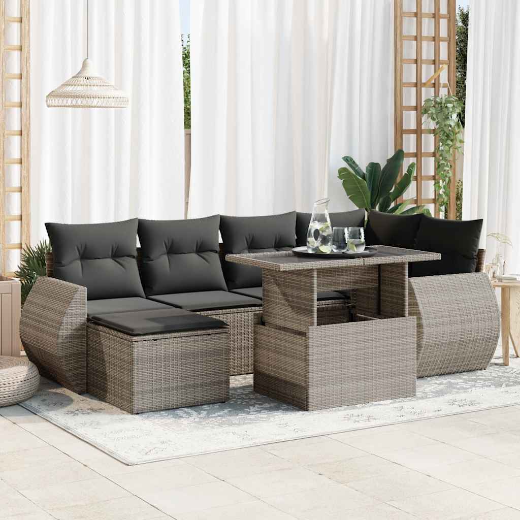 7 Pcs conjunto sofás p/ jardim c/ almofadões vime PE cinzento