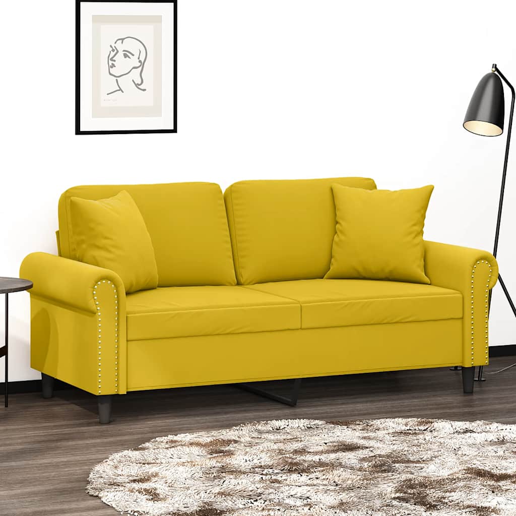 Sofá 2 lugares c/ almofadas decorativas 140 cm veludo amarelo