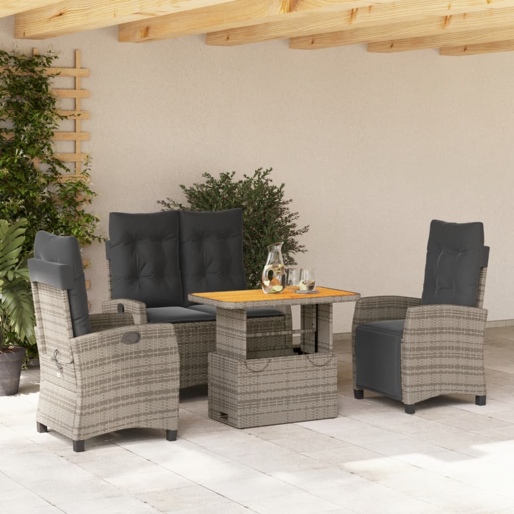 4 Pcs conjunto de jantar p/ jardim c/ almofadões vime PE cinza
