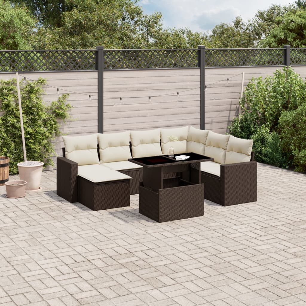 8 Pcs conjunto sofás de jardim c/ almofadões vime PE castanho