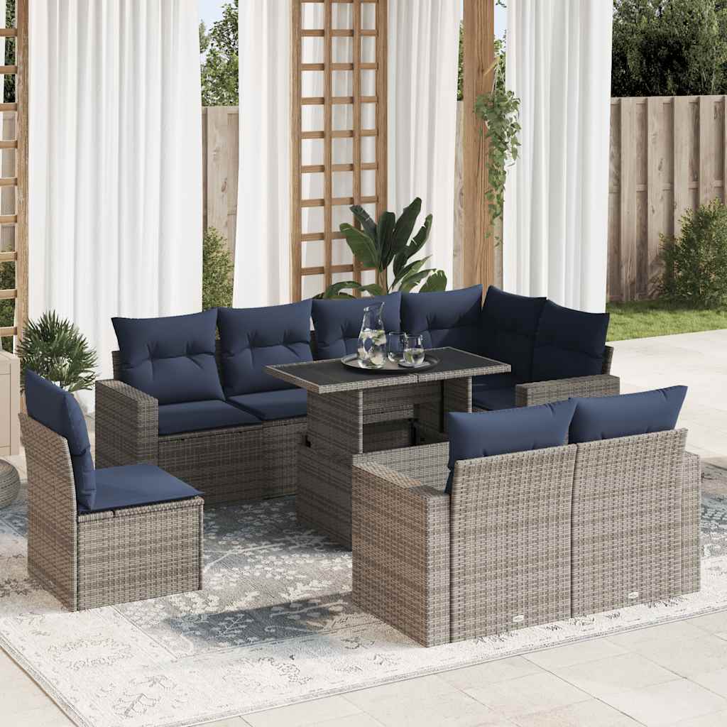 9 Pcs conjunto sofás jardim almofadões vime PE/acácia cinzento