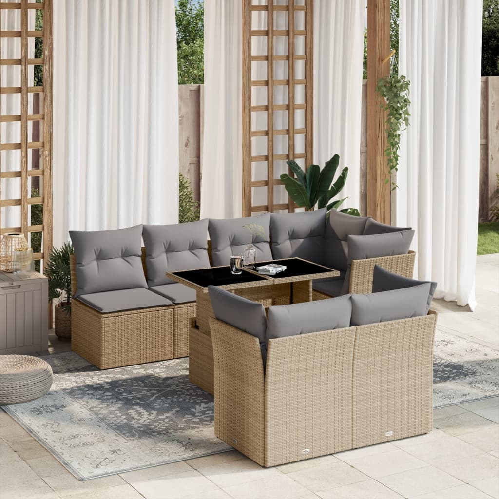 8 Pcs conjunto de sofás p/ jardim com almofadões vime PE bege