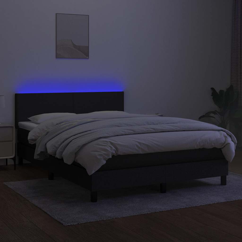 Cama box spring c/ colchão e LED 140x200 cm tecido preto