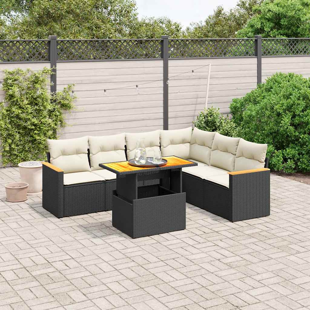 7 Pcs conjunto de sofás p/ jardim c/ almofadões vime PE preto