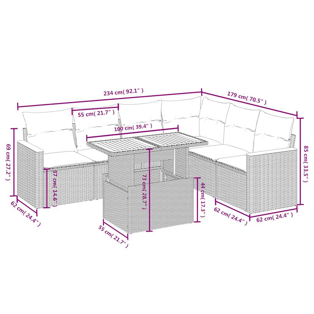 7 Pcs conjunto de sofás p/ jardim c/ almofadões vime PE preto