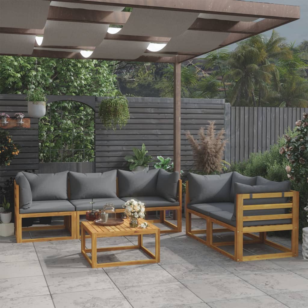 6 Pcs conjunto lounge de jardim c/ almofadões acácia maciça