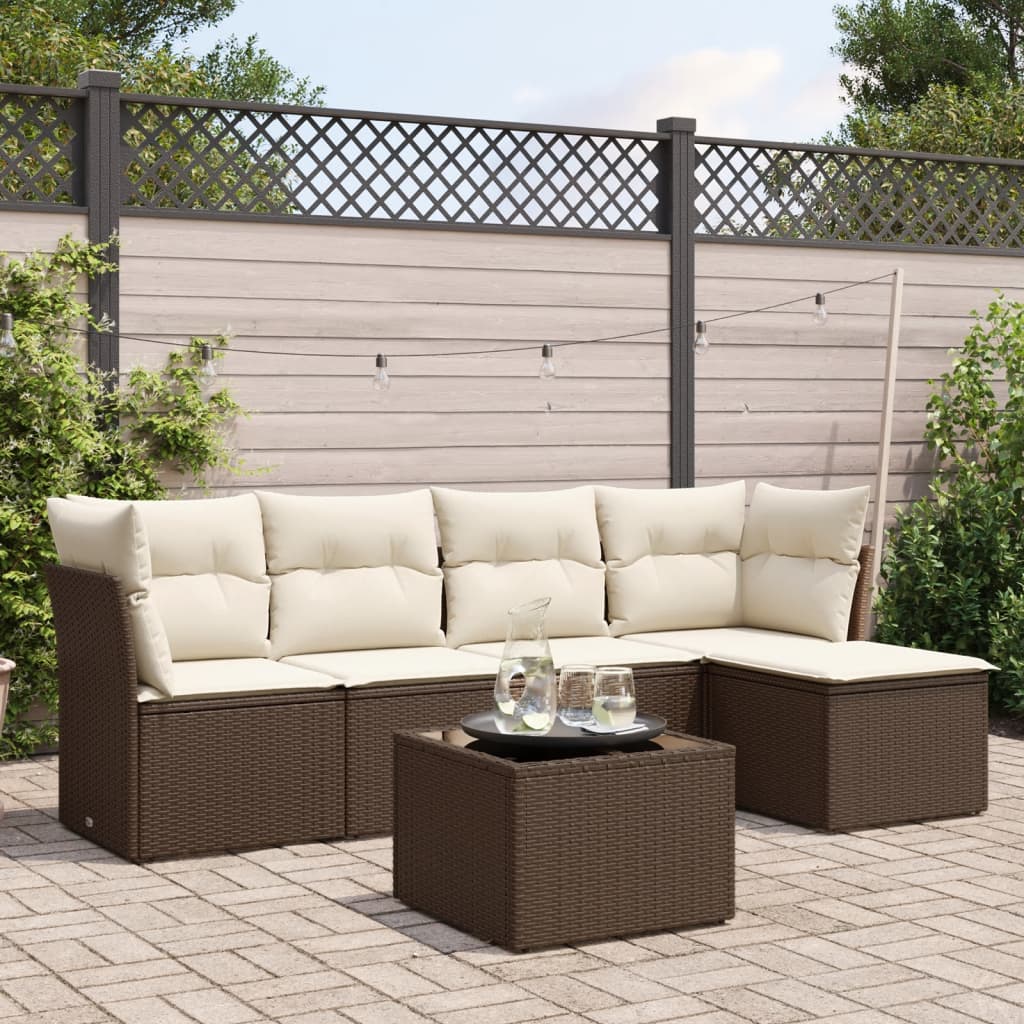 6 Pcs conjunto de sofás jardim c/ almofadões vime PE castanho