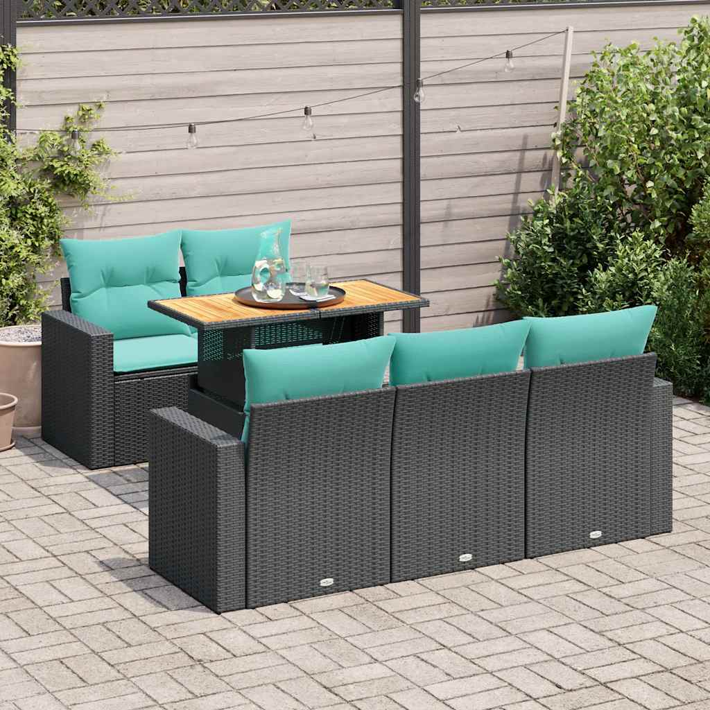 6 Pcs conjunto sofás de jardim c/ almofadões vime PE preto