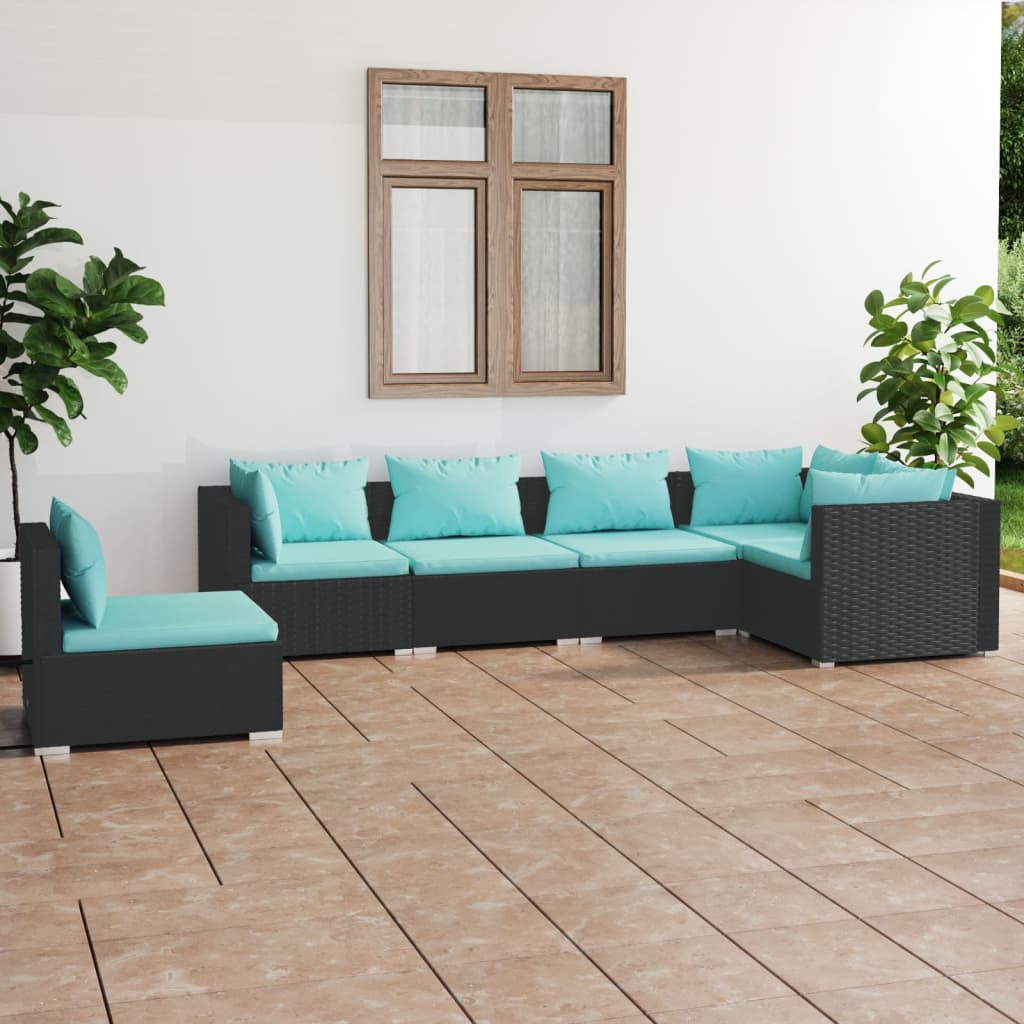 6 Pcs conjunto lounge de jardim c/ almofadões vime PE preto