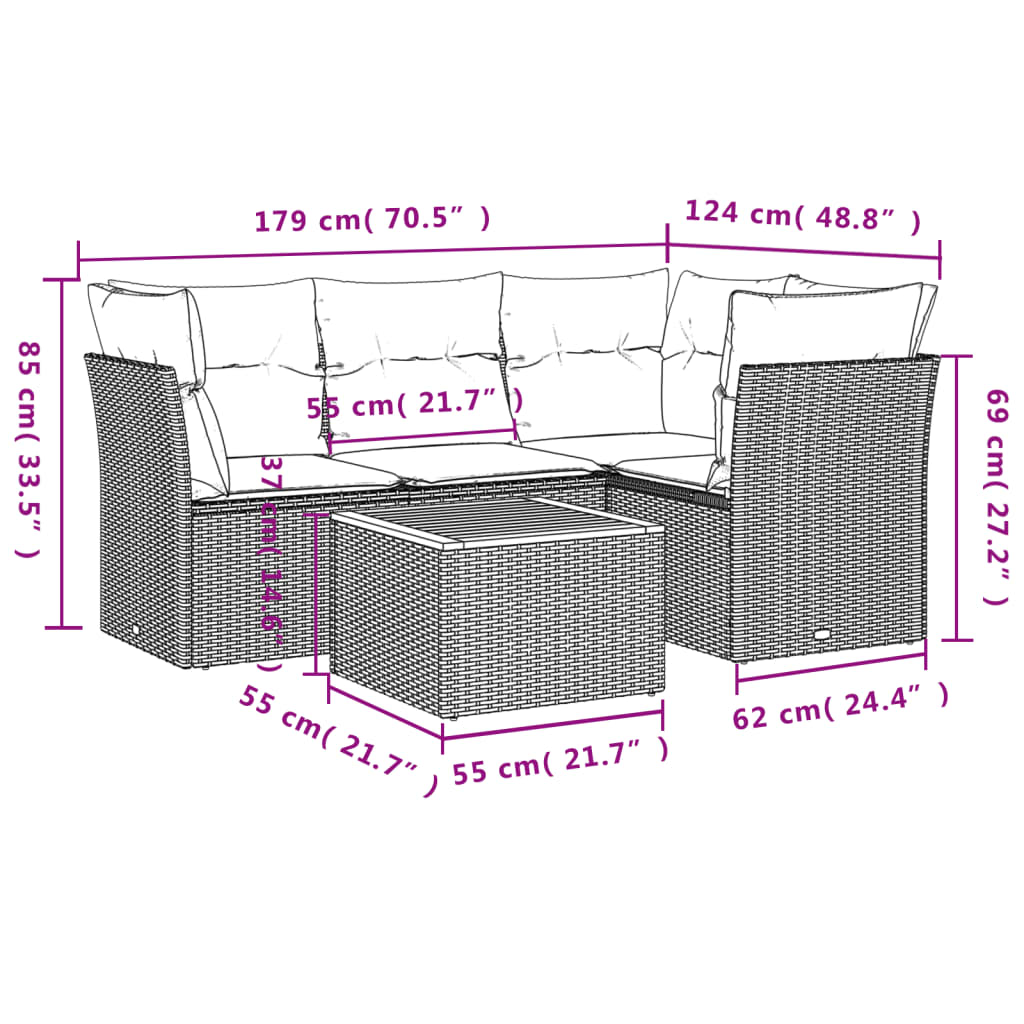 5 Pcs conjunto de sofás p/ jardim com almofadões vime PE bege
