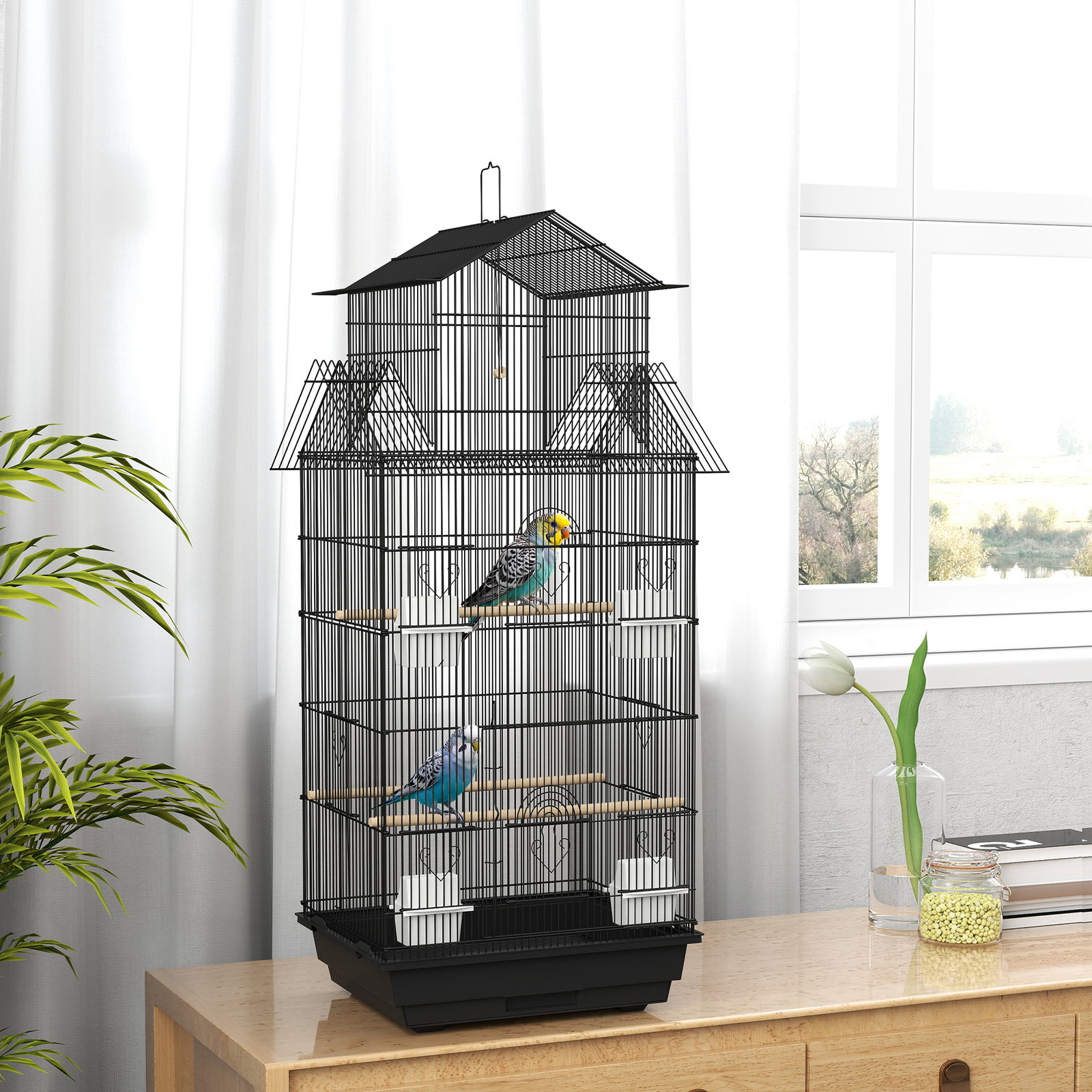 Gaiola de metal para pássaros com bandeja amovível 4 comedouros 3 poleiros e 1 baloiço 50,5x41x104 cm preto