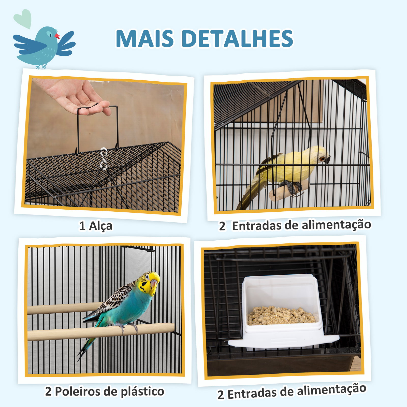 Gaiola de metal para pássaros com bandeja amovível 4 comedouros 3 poleiros e 1 baloiço 50,5x41x104 cm preto