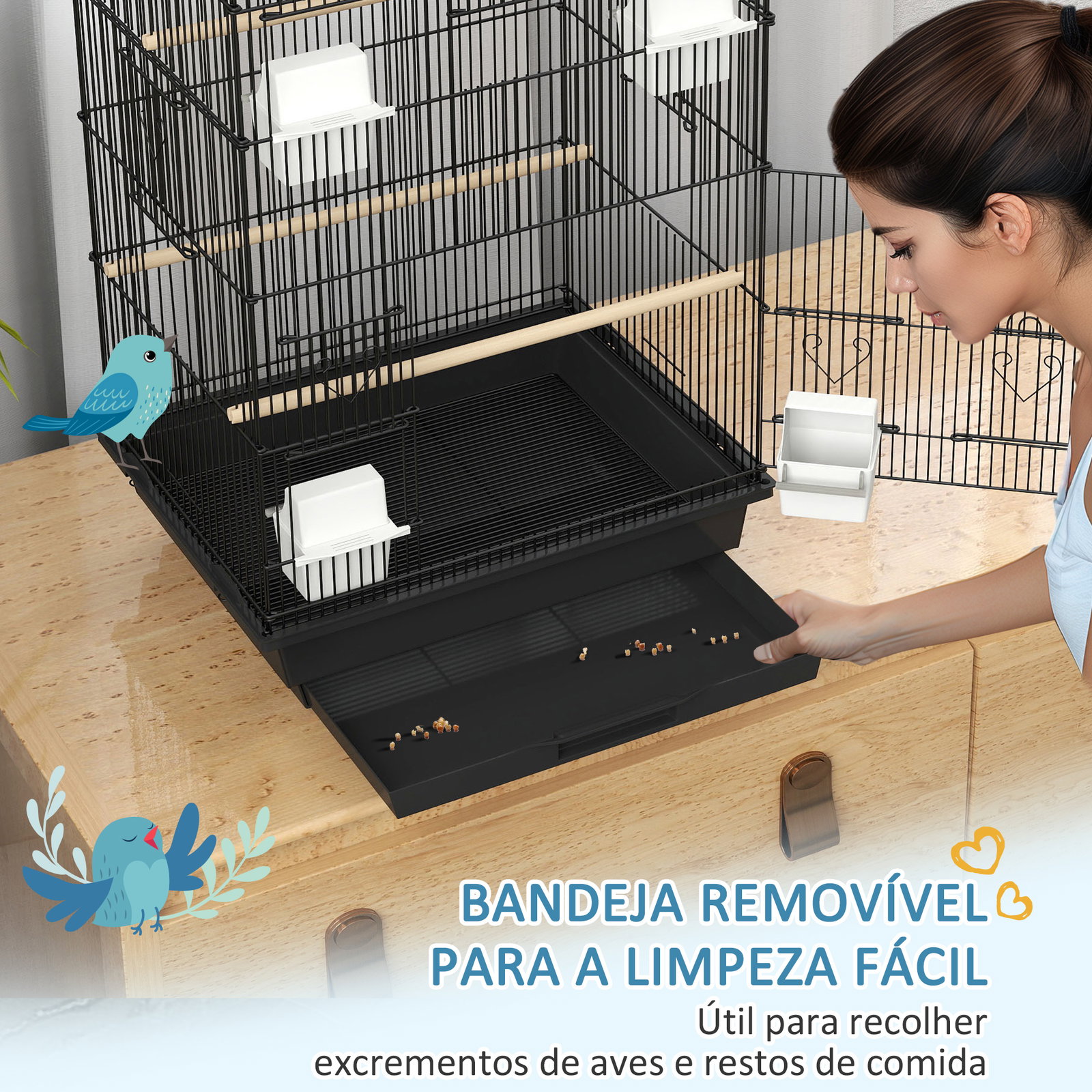 Gaiola de metal para pássaros com bandeja amovível 4 comedouros 3 poleiros e 1 baloiço 50,5x41x104 cm preto