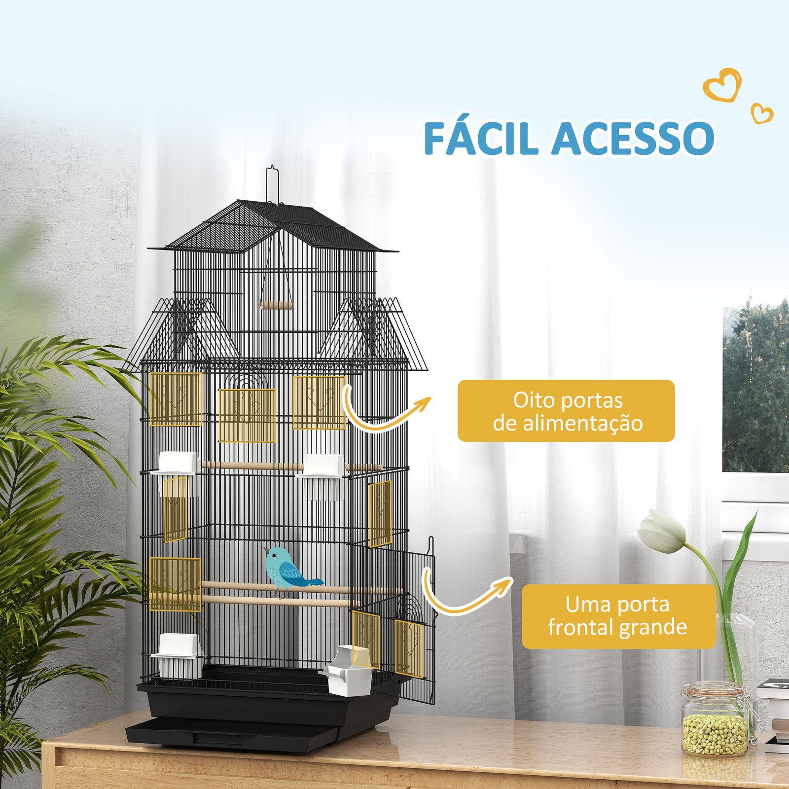 Gaiola de metal para pássaros com bandeja amovível 4 comedouros 3 poleiros e 1 baloiço 50,5x41x104 cm preto