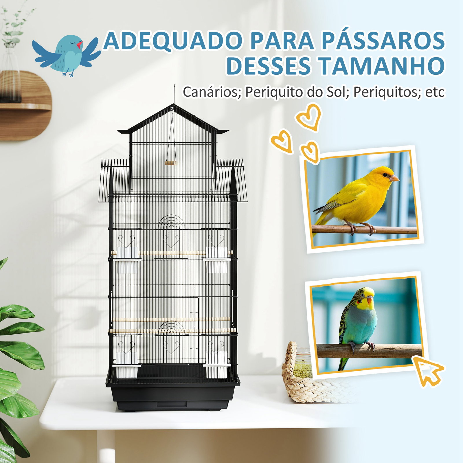 Gaiola de metal para pássaros com bandeja amovível 4 comedouros 3 poleiros e 1 baloiço 50,5x41x104 cm preto