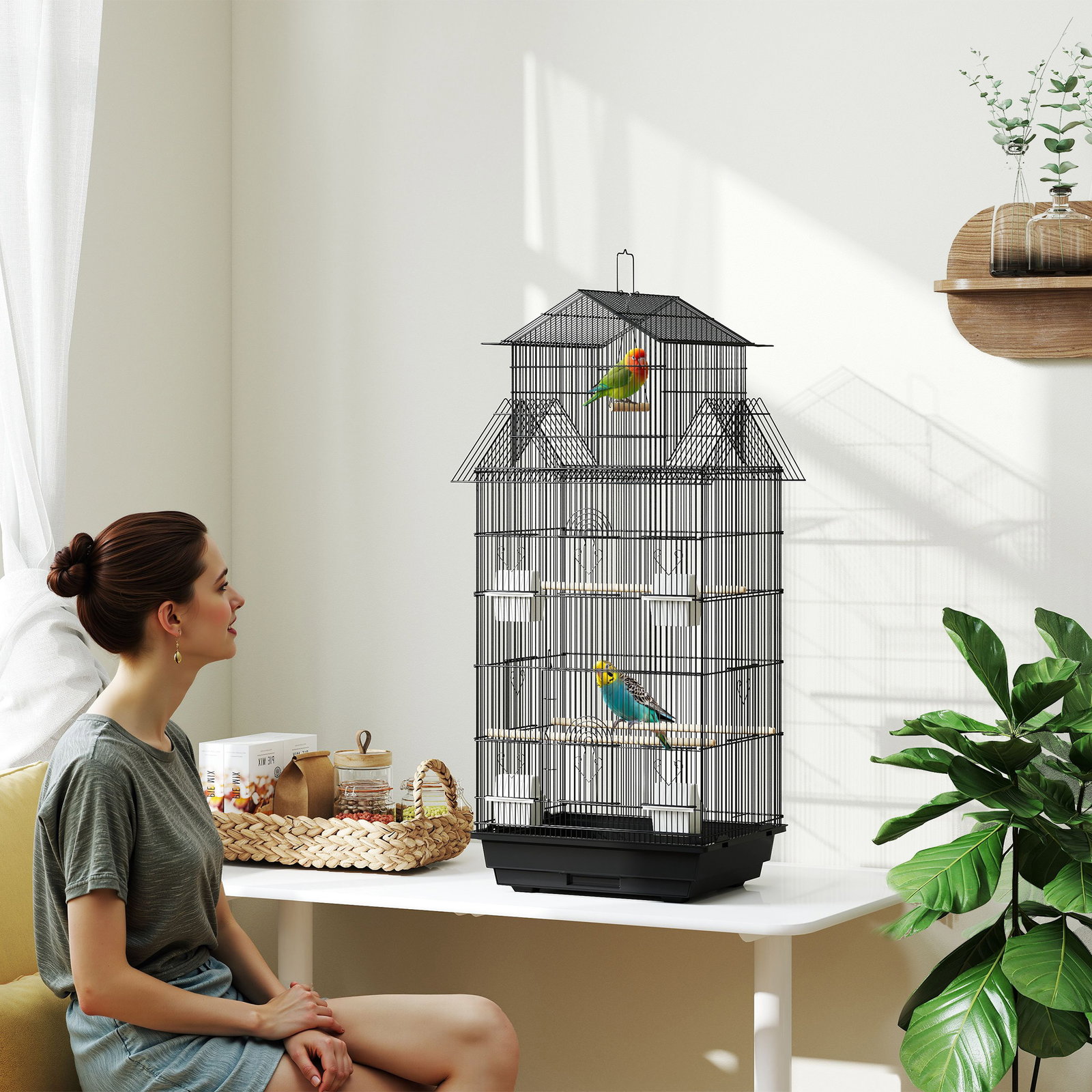Gaiola de metal para pássaros com bandeja amovível 4 comedouros 3 poleiros e 1 baloiço 50,5x41x104 cm preto
