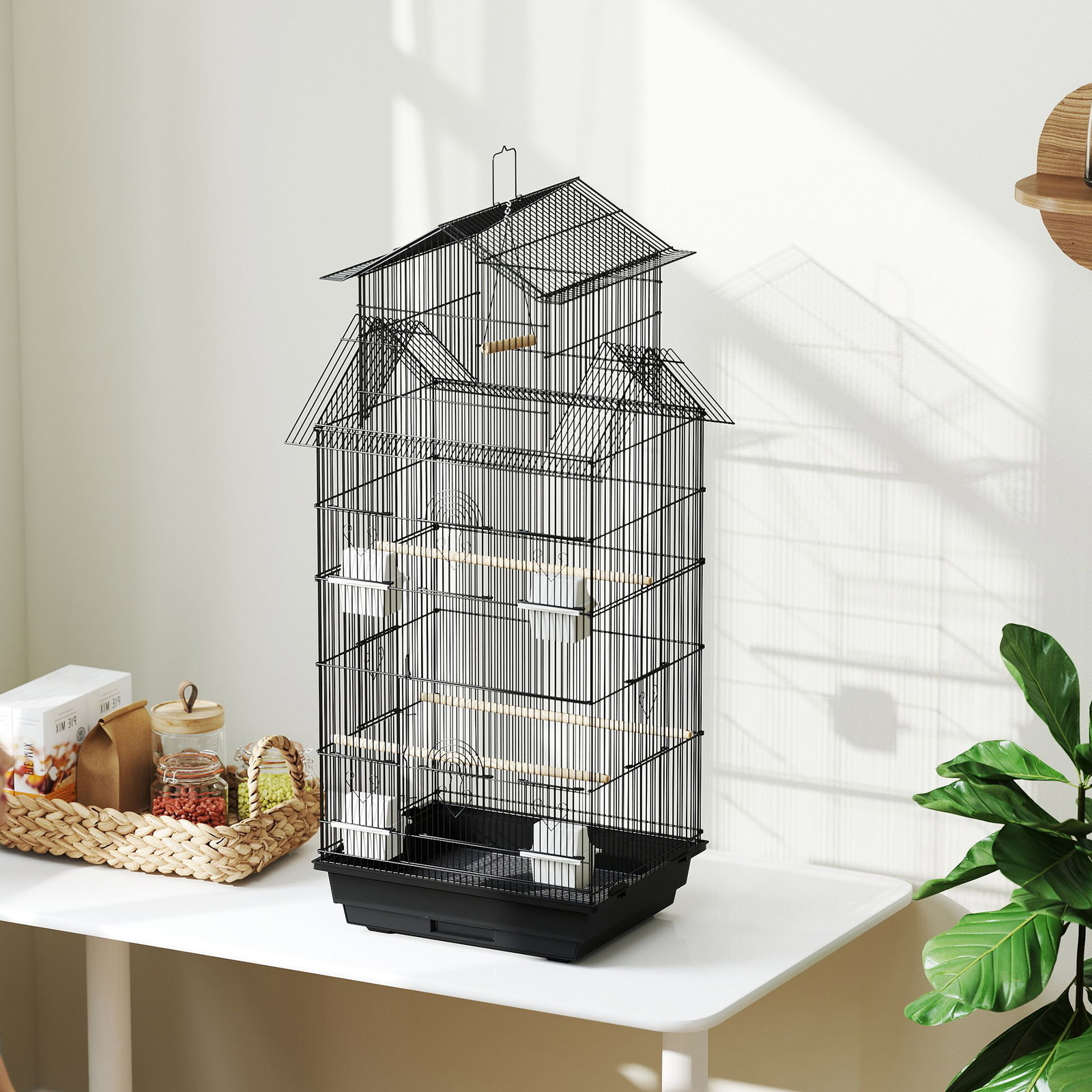 Gaiola de metal para pássaros com bandeja amovível 4 comedouros 3 poleiros e 1 baloiço 50,5x41x104 cm preto