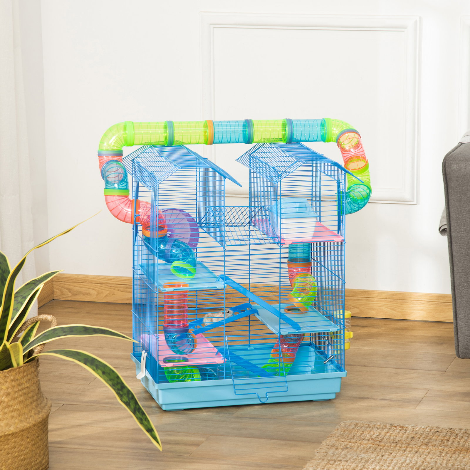 Gaiola de hamster multinível com plataformas domésticas 47x30x59 cm azul