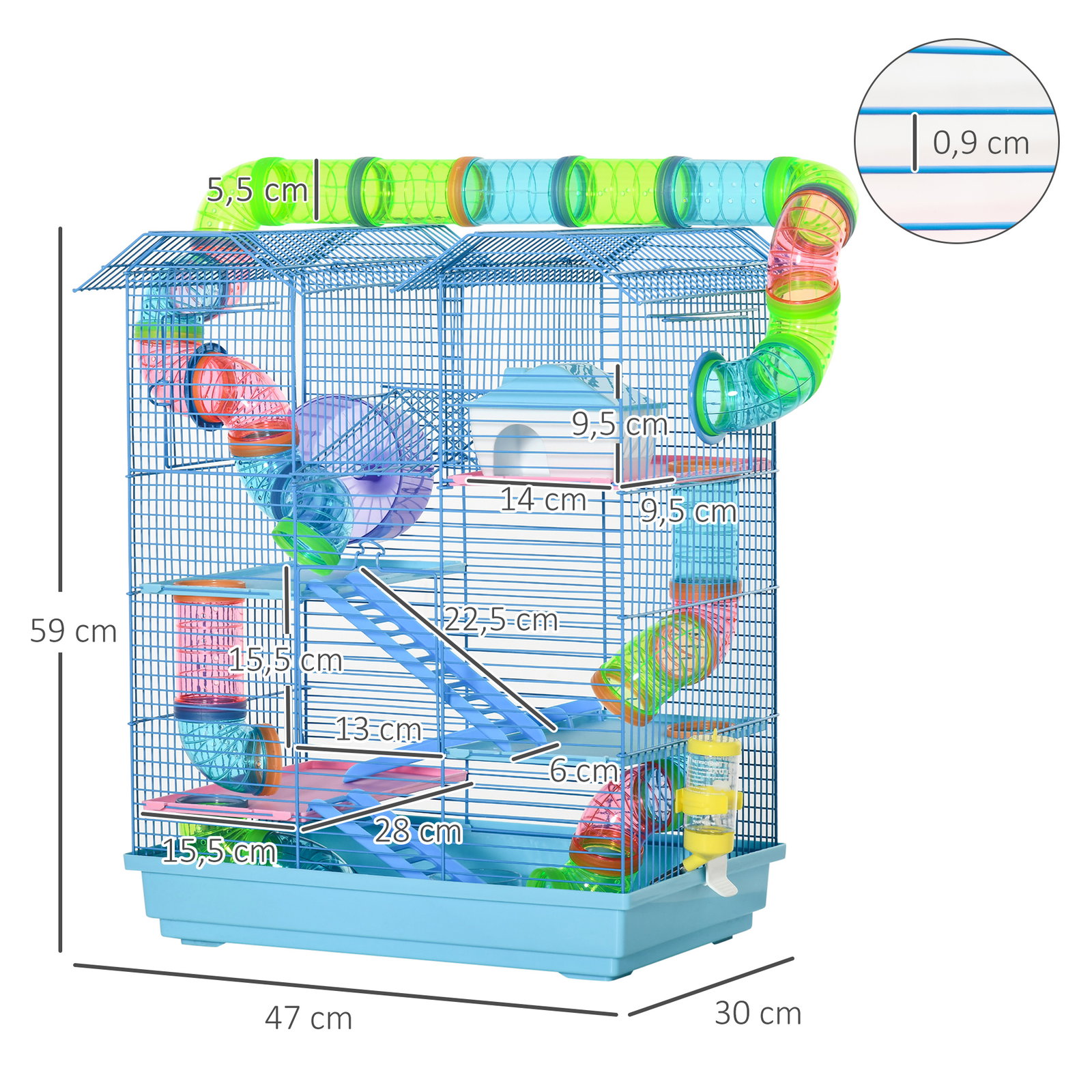 Gaiola de hamster multinível com plataformas domésticas 47x30x59 cm azul