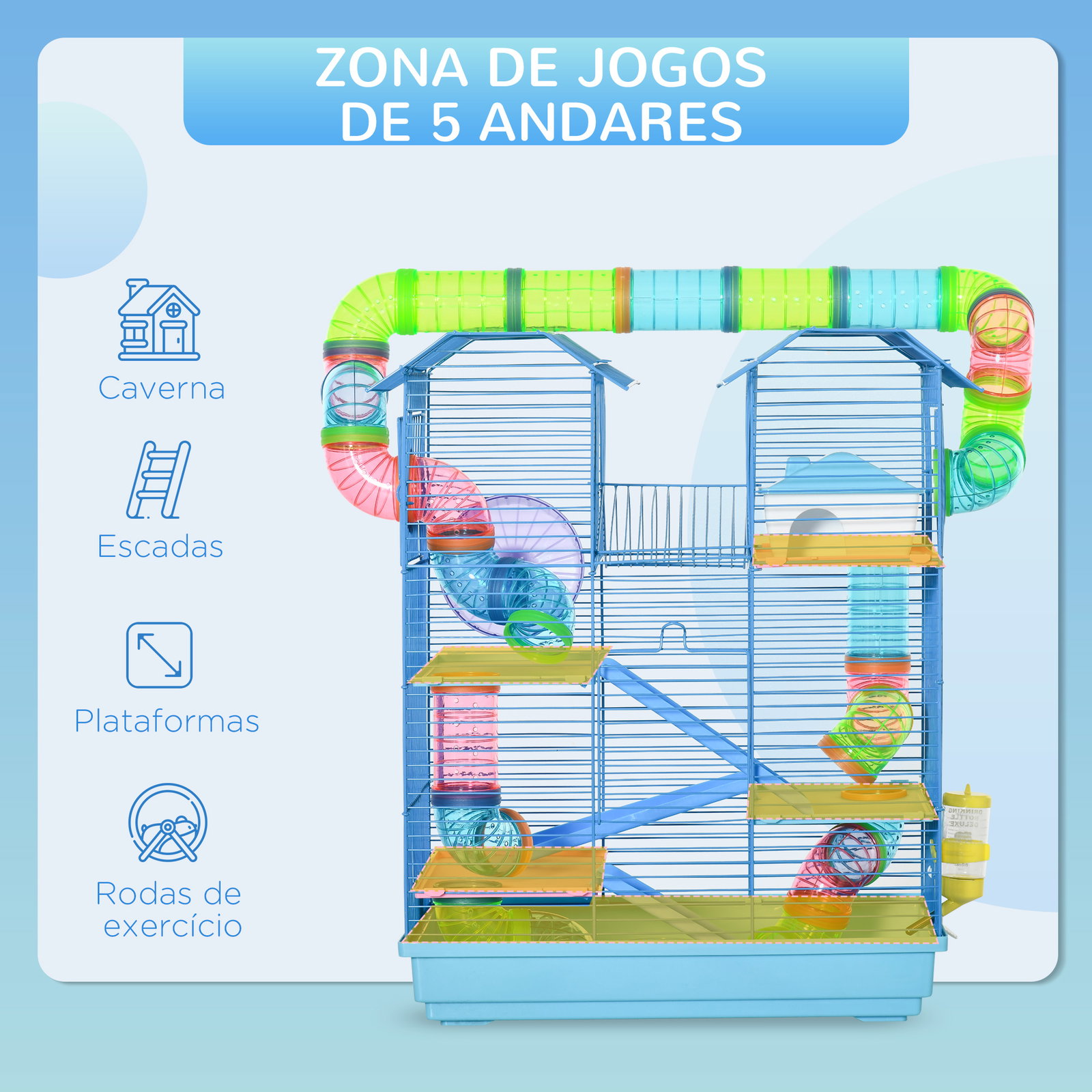 Gaiola de hamster multinível com plataformas domésticas 47x30x59 cm azul