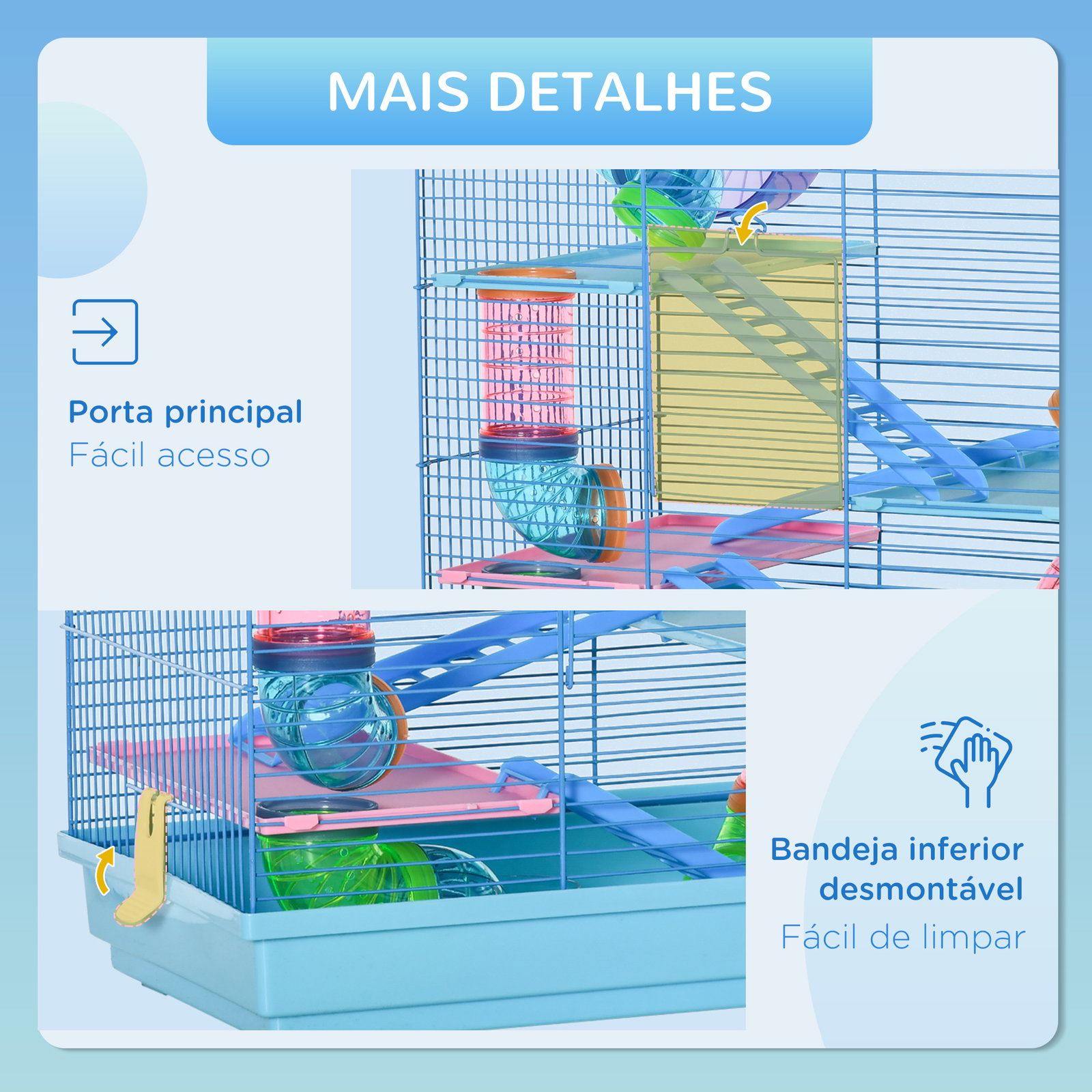 Gaiola de hamster multinível com plataformas domésticas 47x30x59 cm azul