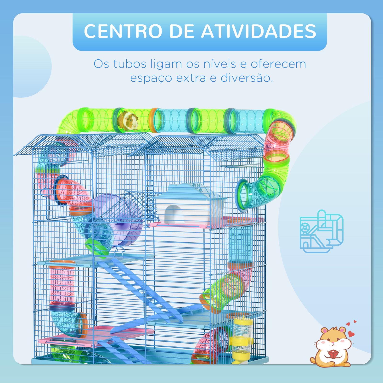 Gaiola de hamster multinível com plataformas domésticas 47x30x59 cm azul
