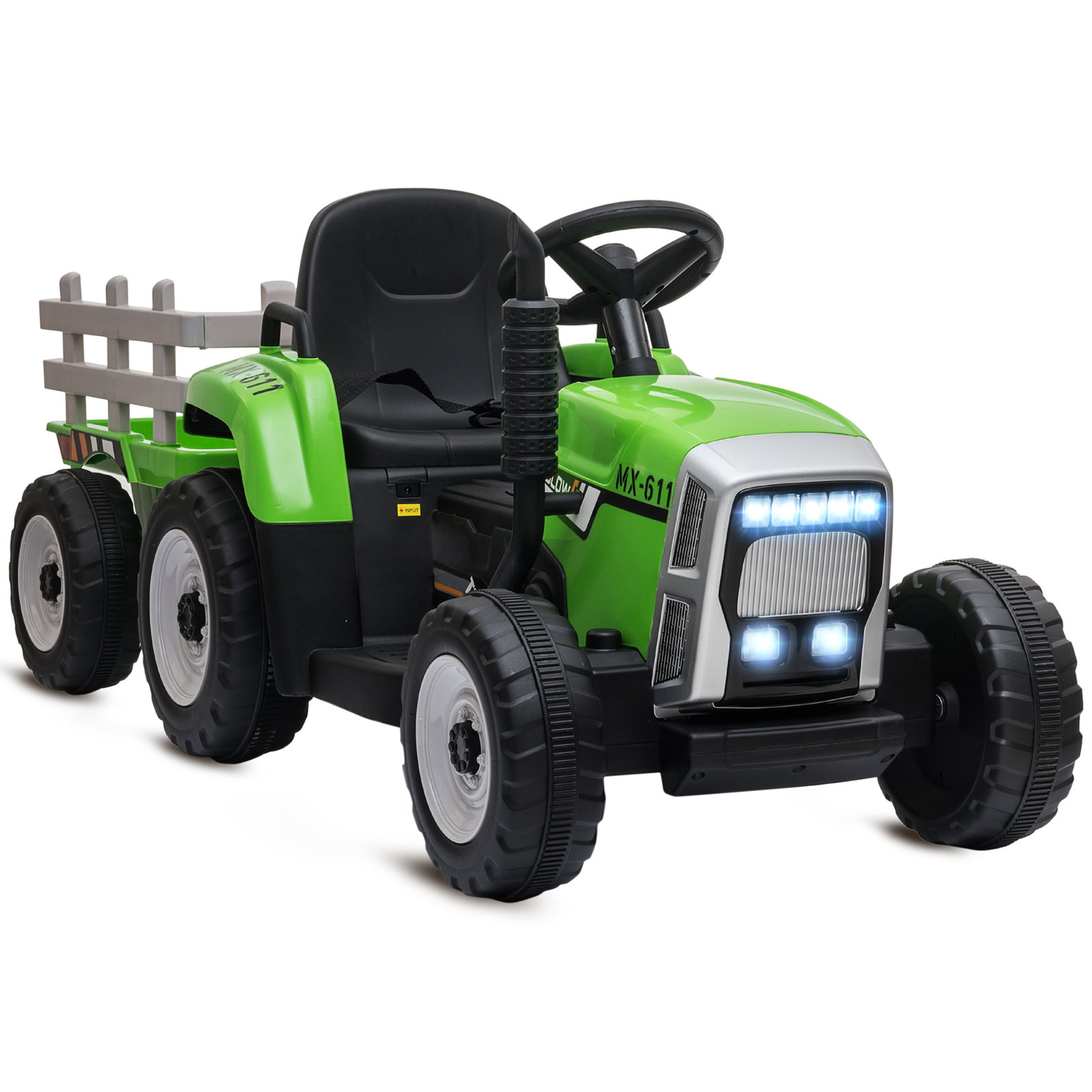 Trator elétrico com reboque amovível com controlo remoto música mp3 luzes e cinto de segurança 136,5x50x52,5 cm verde