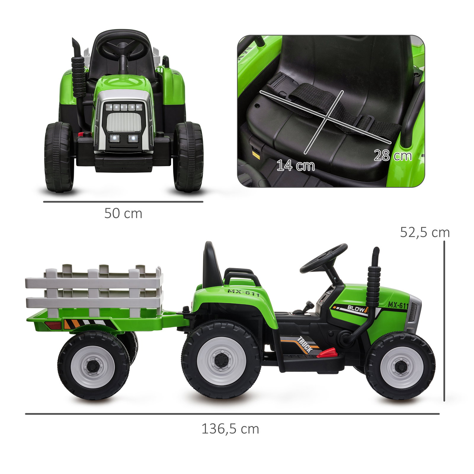Trator elétrico com reboque amovível com controlo remoto música mp3 luzes e cinto de segurança 136,5x50x52,5 cm verde