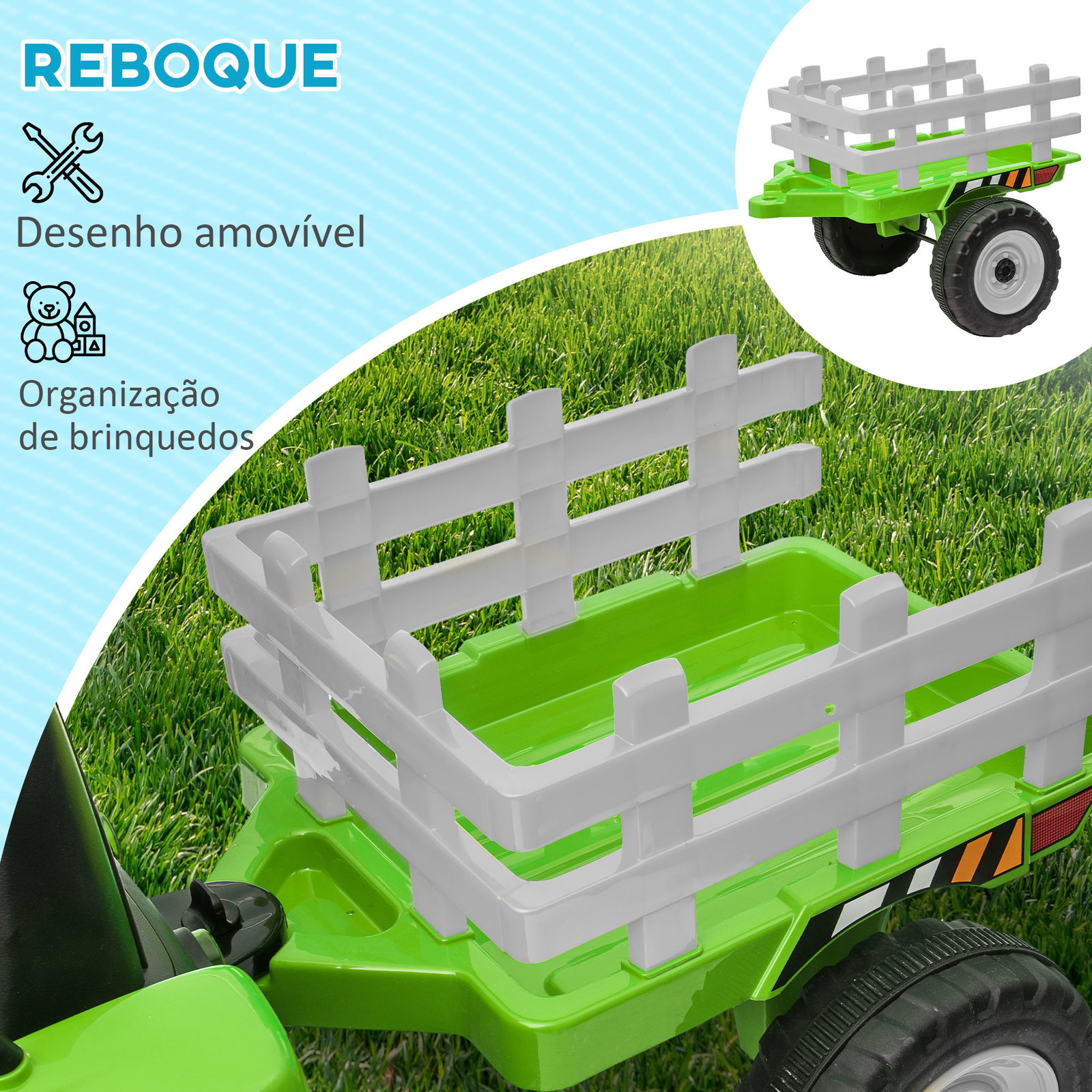 Trator elétrico com reboque amovível com controlo remoto música mp3 luzes e cinto de segurança 136,5x50x52,5 cm verde