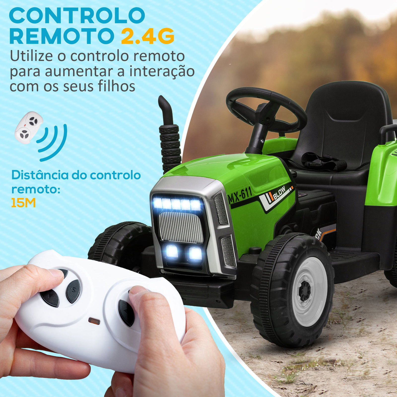 Trator elétrico com reboque amovível com controlo remoto música mp3 luzes e cinto de segurança 136,5x50x52,5 cm verde