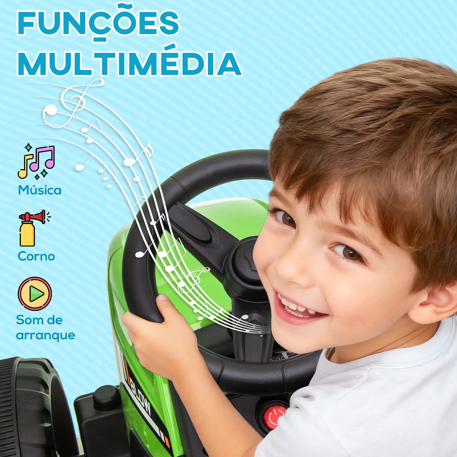 Trator elétrico com reboque amovível com controlo remoto música mp3 luzes e cinto de segurança 136,5x50x52,5 cm verde