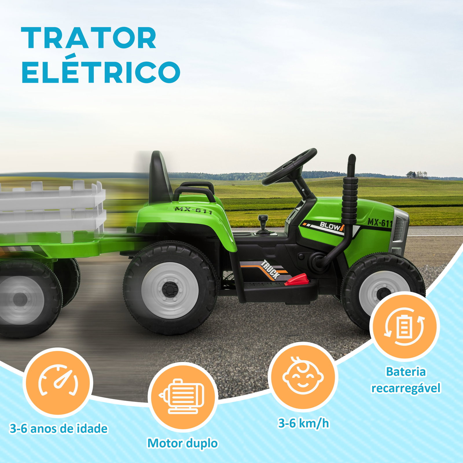 Trator elétrico com reboque amovível com controlo remoto música mp3 luzes e cinto de segurança 136,5x50x52,5 cm verde