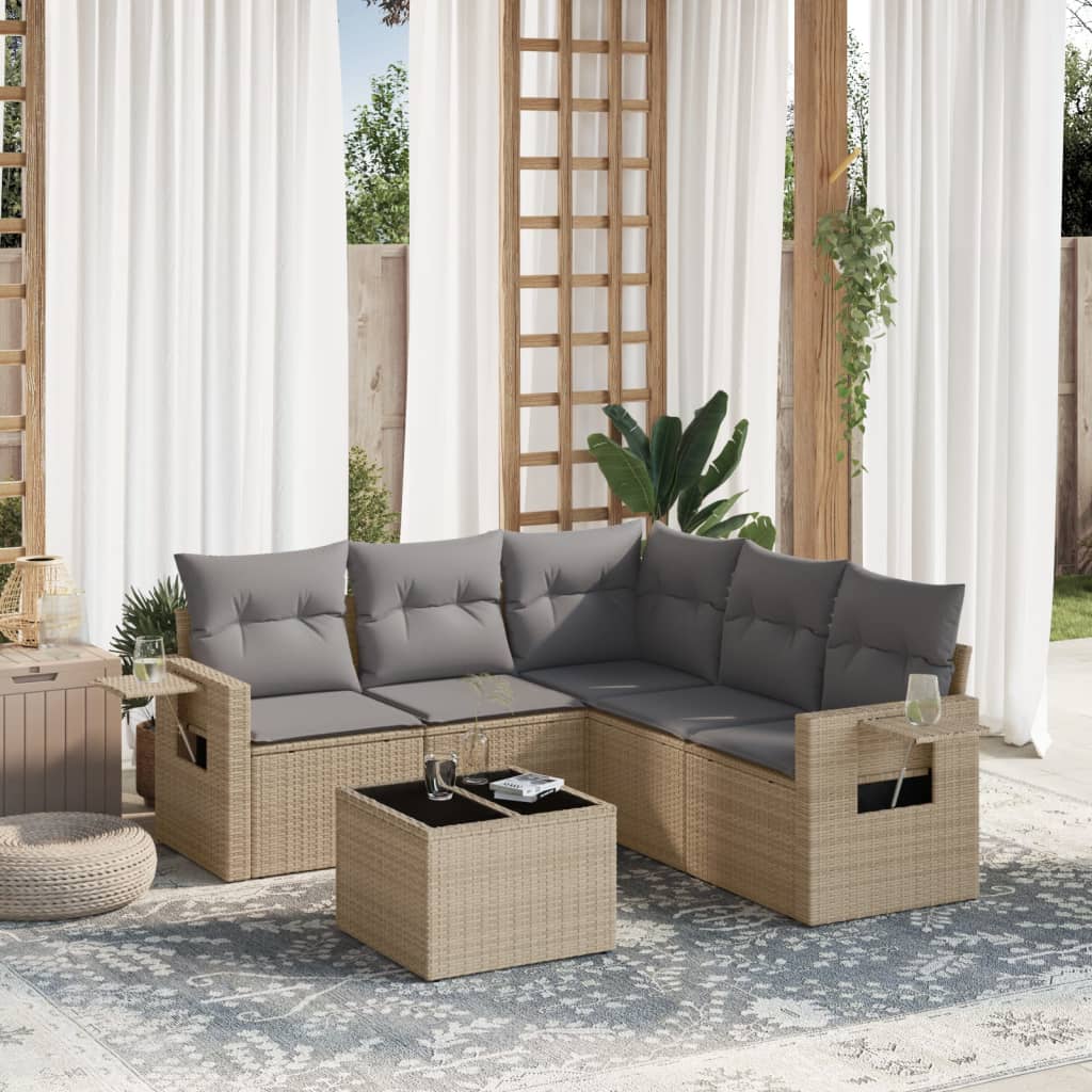 6 Pcs conjunto de sofás p/ jardim com almofadões vime PE bege