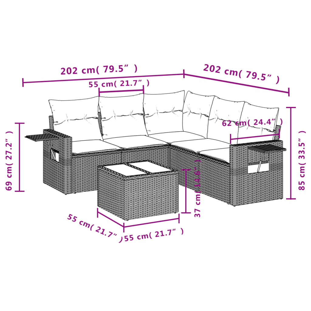 6 Pcs conjunto de sofás p/ jardim com almofadões vime PE bege