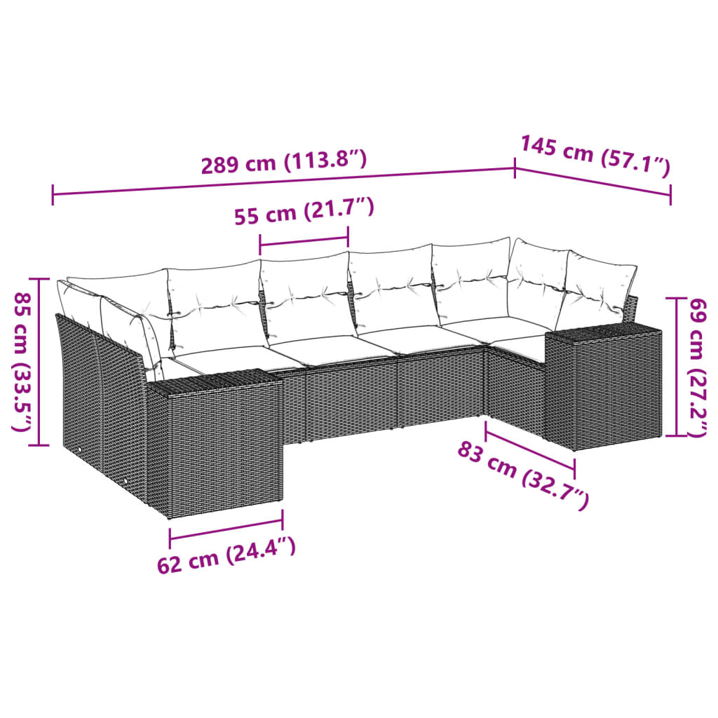 7 Pcs conjunto de sofás p/ jardim c/ almofadões vime PE preto