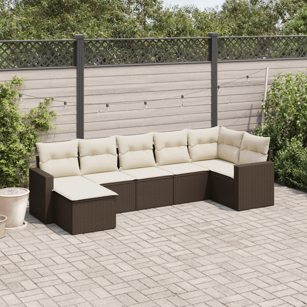 7 Pcs conjunto de sofás jardim c/ almofadões vime PE castanho