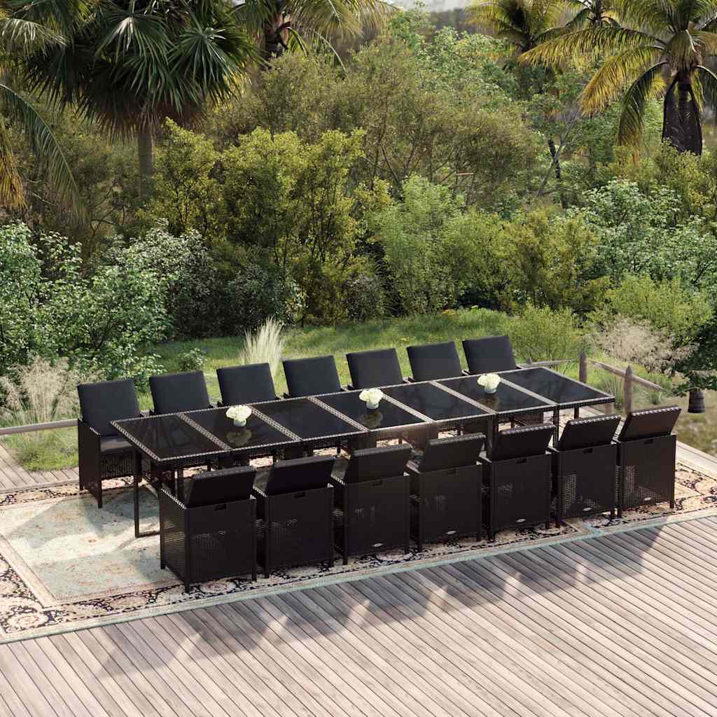 15 Pcs conjunto jantar p/ jardim c/ almofadões vime PE preto