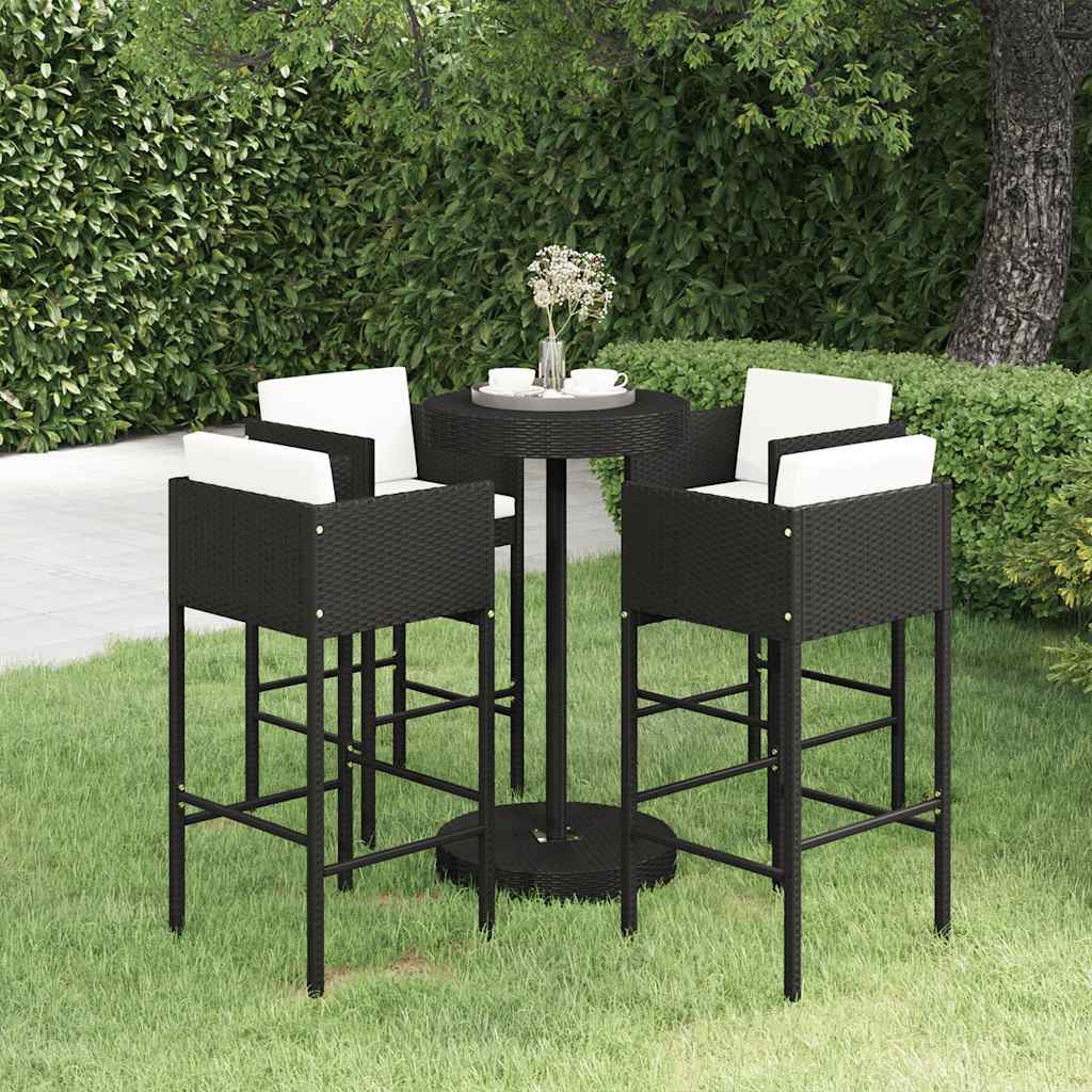 5 Pcs conjunto de bar p/ jardim c/ almofadões vime PE preto