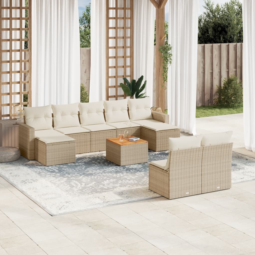10 Pcs conjunto de sofás p/ jardim com almofadões vime PE bege
