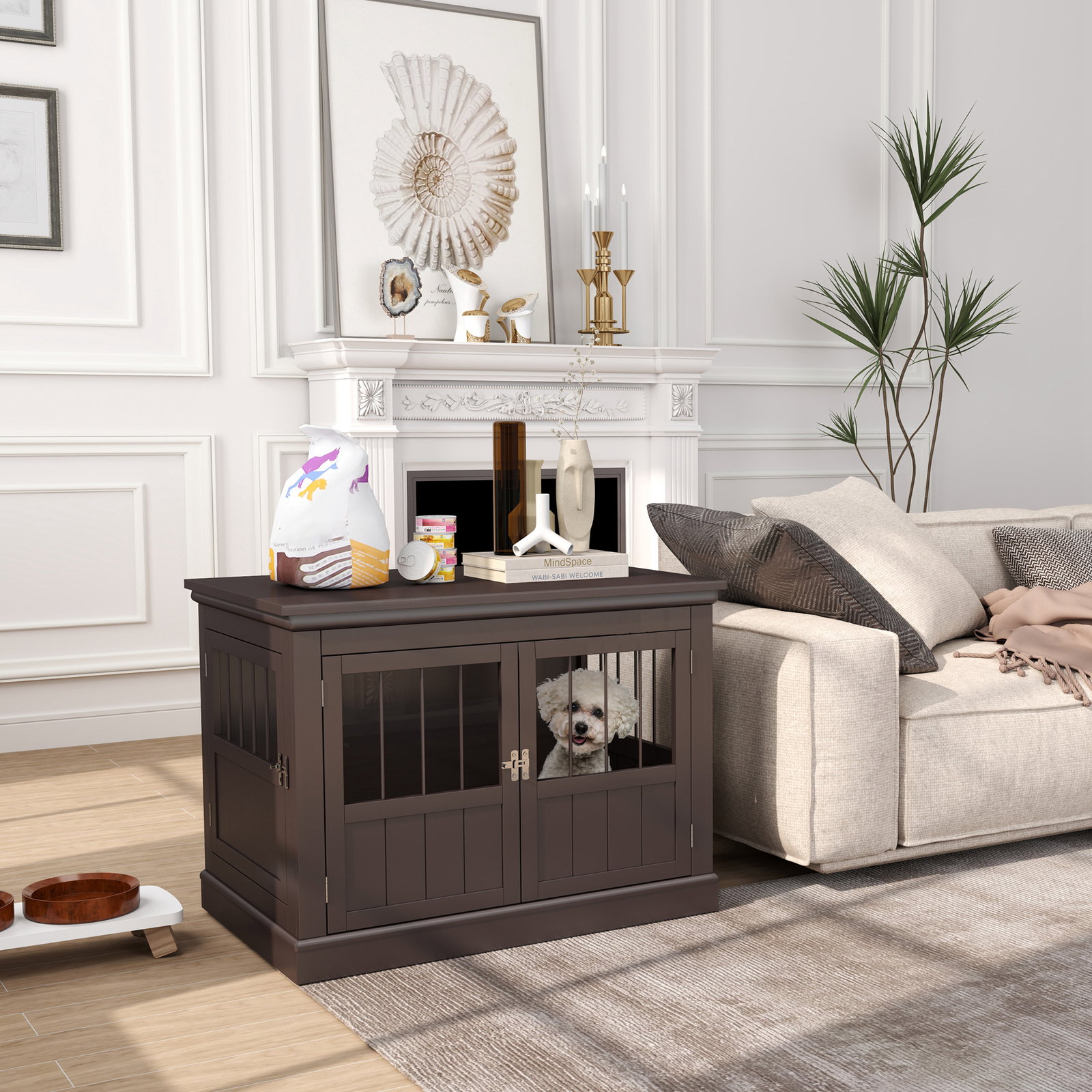 Gaiola para cães com mesa auxiliar 3 portas francês e fecho magnético para cães pequenos 78x53x59,3 cm castanho